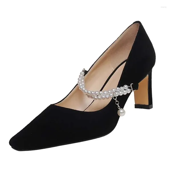 Kleiderschuhe echte Lederschnur Perlen Pumps Frauen springen hoch dicke heelte sexy party lady apricot beige schwarze spitzen Zehen