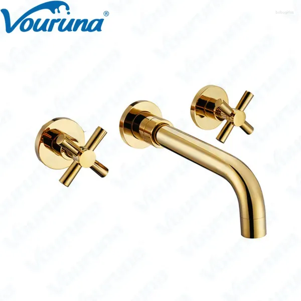 Rubinetti del lavandino da bagno vouruna top moda classiche doppie manici contemporanei taps golden cromato finitura nel rubinetto del bacino montato a parete