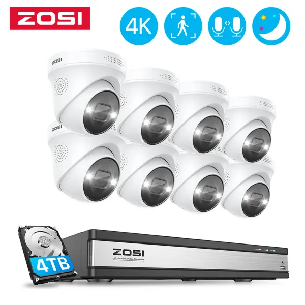 System Zosi 16ch 4K POE Videoüberwachungskamera -System NVR Kit AI Human Detect 8MP Farb Nachtsicht IP -Kameras Sicherheit CCTV -Set