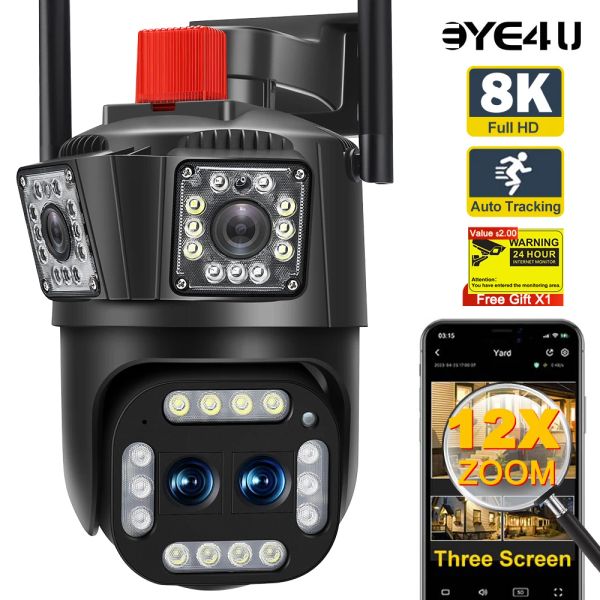 Камеры 8K 16MP IP Wi -Fi Outdoor Camera Four Lens 12x Zoom 5K PTZ Видеокамеры Автоматическое отслеживание.