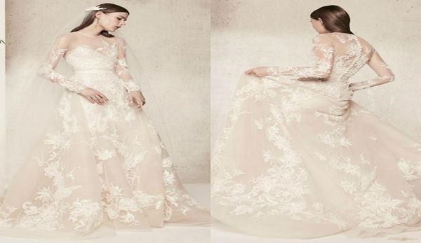 Elie saab dantel çiçek gelinlik 2018 illüzyon uzun kollu vestido de novia mücevher boyun yaz plajı gelin elbiseleri özel yapılmış 4199899