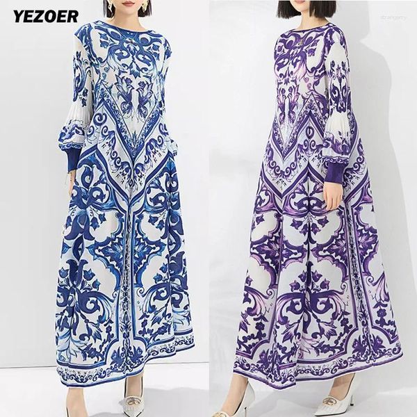 Vestidos casuais maxi vestido feminino manga lanterna azul e branco impressão de porcelana bohemiana estilista de moda verão 2024 mi