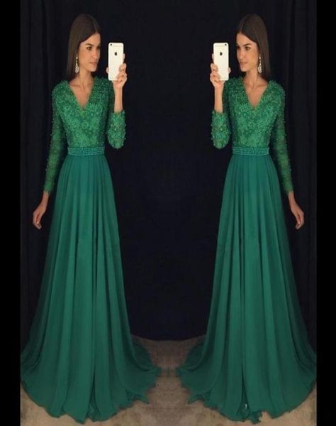 Emerald Green Lace Chiffon Long Sleeve Prom Festzug Kleider Bescheidener VNECK Perlen Plus Size Formal Anlass Abendkleid 1159093