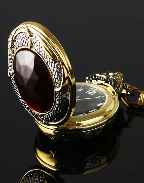 Vine Gold Pocket Watch Männer böse Drache Goldener Tonfall Big Red Crystal Retro Rot Granat Einfügen Luxus Halskette Geschenk 2206065949706