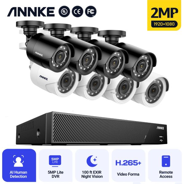 Pinsel Annke 8Ch 2MP HD Video Sicherheitssystem H.265+ 6in1 5MP Lite DVR 4x 8x 1080p Dome Outdoor Weather Proof CCTV -Überwachungskameras Kits