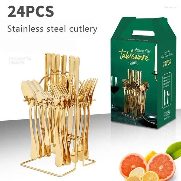Platthandelte Sets 24PCS Gold/Silber -Geschirr Set Edelstahl Tischgeschirr Messer Gabel Löffel Rack Besteck für El Home Kitchen