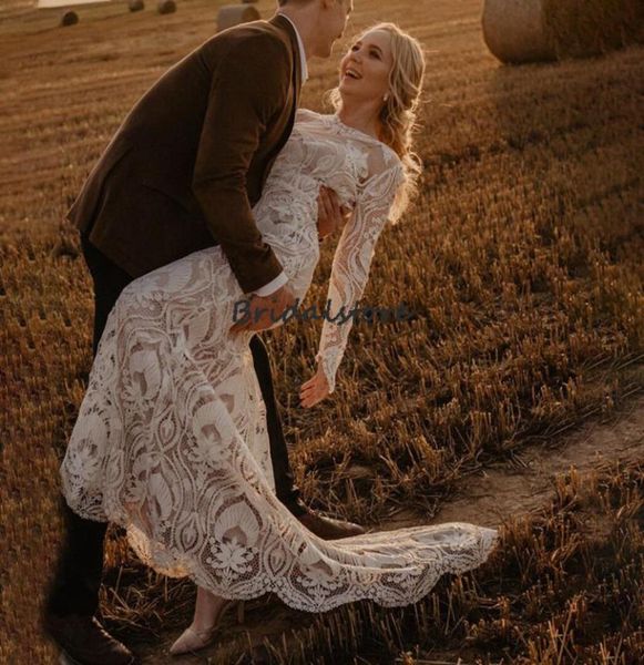 Vestido de noiva de renda romântica 2022 elegante de tamanho longo de manga longa sereia boêmia vestido de noiva civil country noivo