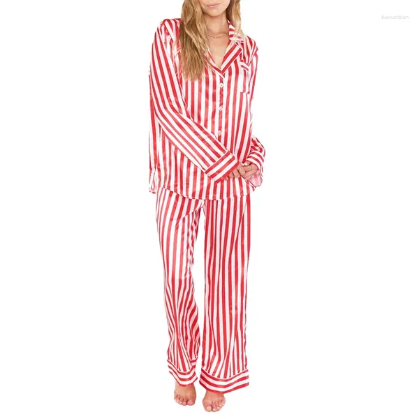 Abbigliamento da casa Stripe Pajama Christmas Loungewear Women Single a maniche lunghe a manica lunghe con tasca e pantaloni Anno di sonno.