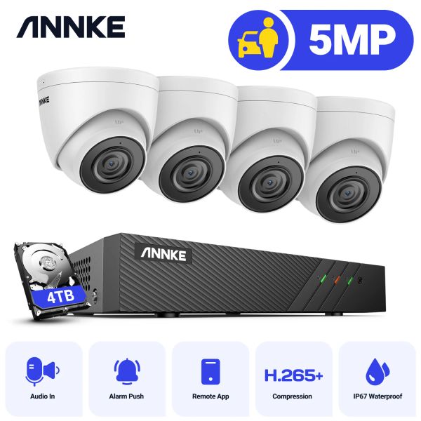 Sistema Annke 5mp H.265+ Super HD Poe Rede de Vídeo Sistema de Segurança de Vídeo 4pcs impermeabilizados Poe Câmeras IP IP Dome Branco Poe Câmera Kit