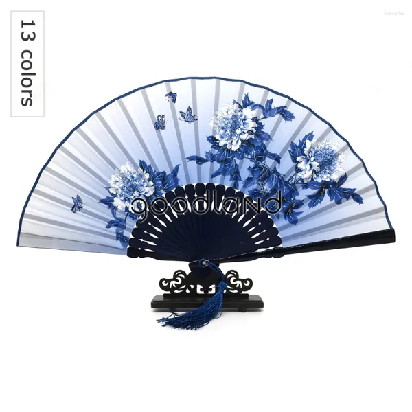 Dekorative Figuren Großhandel 30pcs Silk Damast Bambus chinesische Mode Faltlüfter Blüte Blumendruck Handfans Partyzubehör