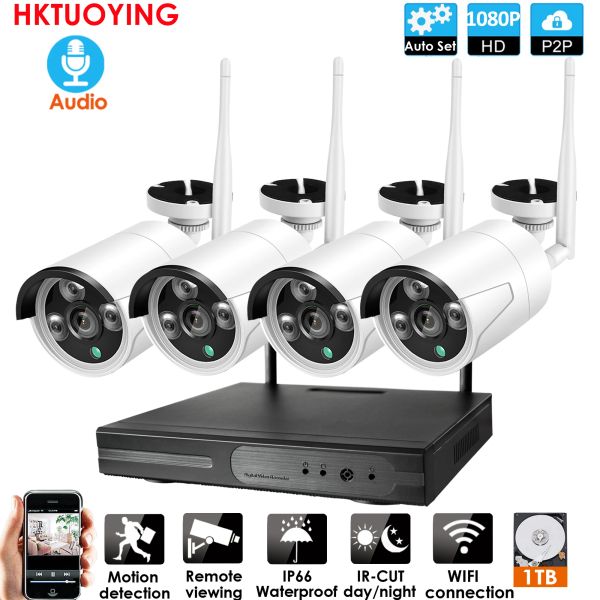 Sistema 4CH 1080p Audio Wireless NVR Kit P2P 1080P Indoor IR Night Vision Segurança 2.0MP Câmera de áudio IP Sistema WiFi CCTV