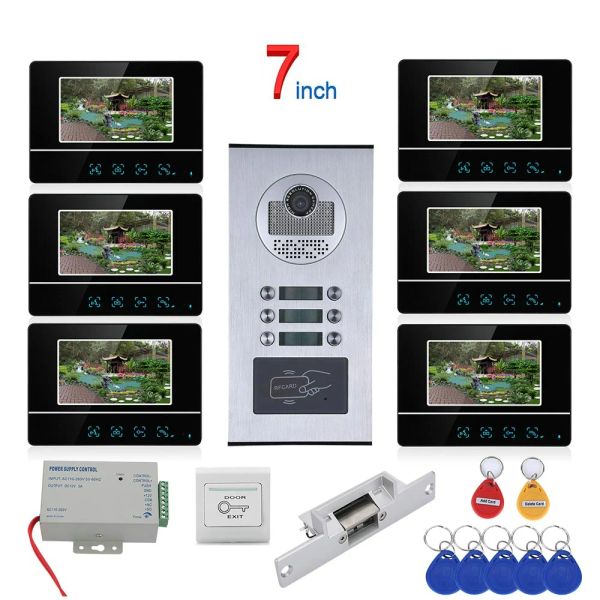 Gegensprechanlage 7 Zoll Touch Button 6 Apartment Videotür Phone Intercom System RFID 1000TVL Türklingel Kamera +keine elektrische Streiktürschloss