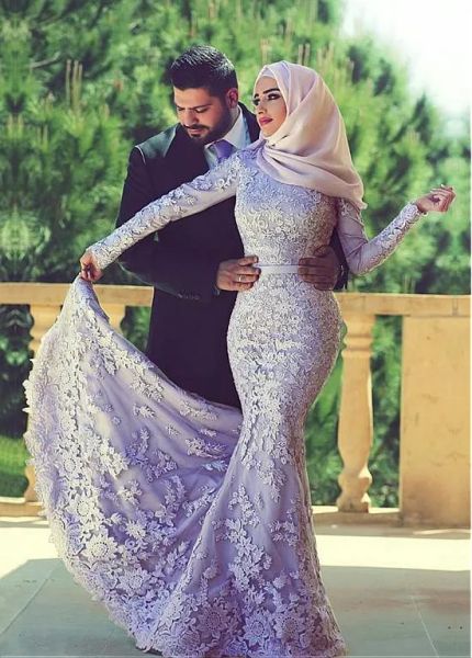 Abiti Appliques Appliques sirena abiti da sposa abiti eleganti a maniche lunghe di tulle in rilievo abiti da sposa lunghi abiti da sposa islamici arabi con vei