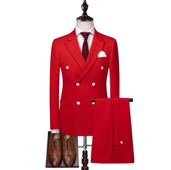 Xly 2019 Bedido duplo Red Men039s Terno formal com botões brancos 2 peças Ternos de casamento para homens Smoks Fit Groom Tuxedos Mens 4891096
