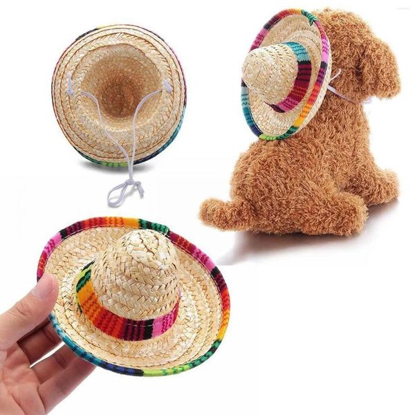 Vestuário para cães 1pc mini cães de estimação cães mexicanos chapéu de palha sombrero sol sol colorido havaí acessórios praia figurino