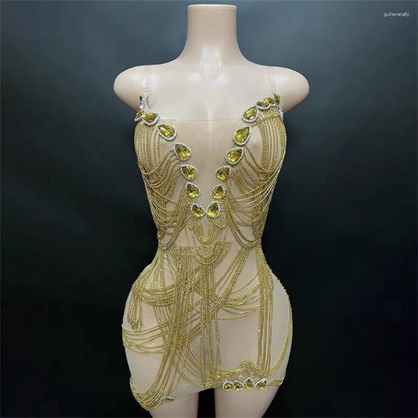 Vestidos casuais Stromestos de luxo Chain de borla brilhante dourada sexy bainha sem alças mini vestido celebrar traje de palco do clube de festas noturnas