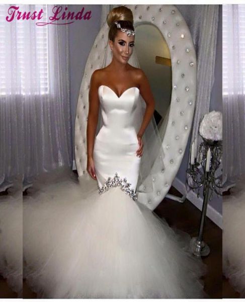 Vestido de noiva de sereia de namorada encantador, cetim de cristal simples com vestidos de noiva de Tulle Bridal Vestido de Novia Custom Made8310979