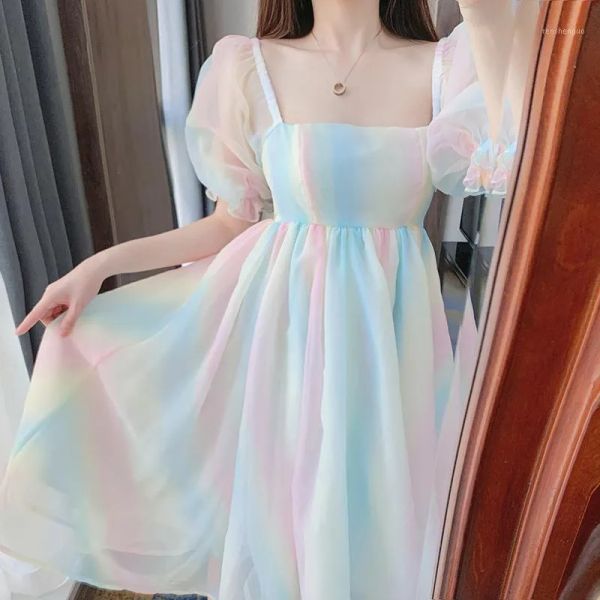 Nuovo abito casual in stile principessa francese estate elegante abito da fiaba arcobaleno femmina designer kawaii stampare dolci donne ad alta vita maniche a sfio