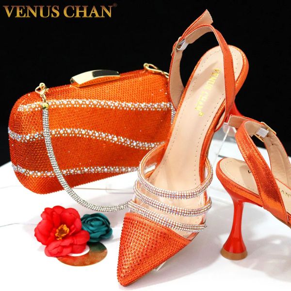 Chan Est Ins Style Orange Color Elegante High Heels Nigeria Design Afrikanische Damenschuhe und Taschen Set 240320