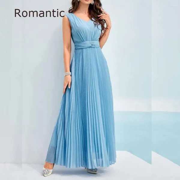 Abiti per feste romantiche una linea Sky Bluechiffon sera Drapd Drapd Vengola Vesto Lungo Lungo vestito Saudita Arabia Sleeveless Gown2024