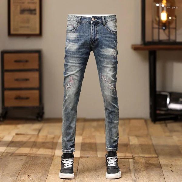 Jeans masculinos Ly Designer Moda Men de alta qualidade Azul retro trecho slim fit