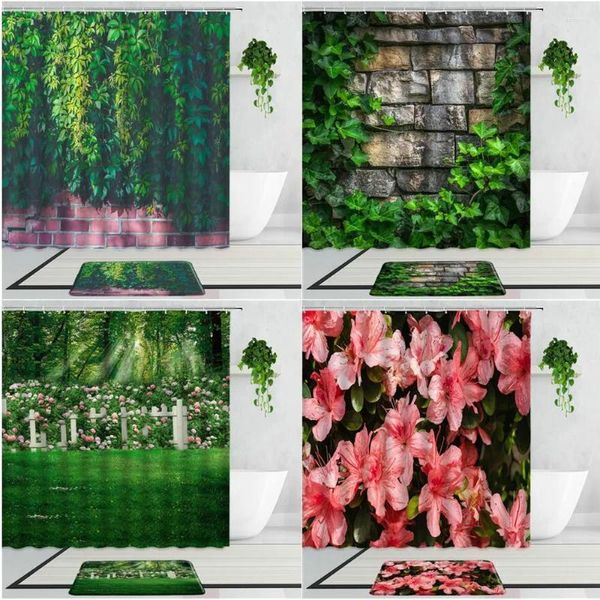 Cortinas de chuveiro Flores 3D Plantas de jardim Ivy Folha verde Falsa Parede Arte de fundo Fundo de tecido Home Decoração de cortina de banho tapete de tapete