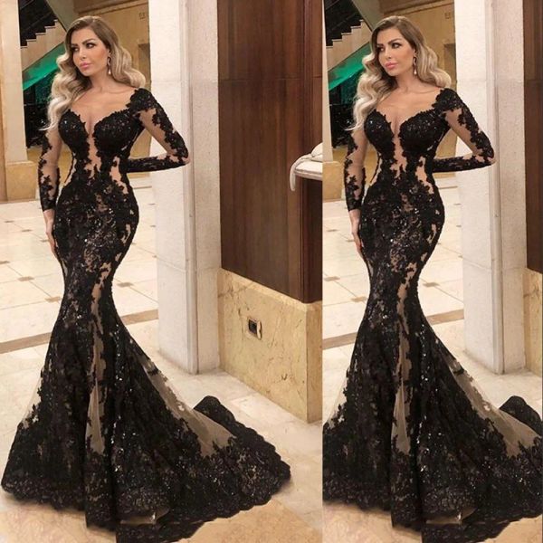 Abiti 2021 Sexy Black Nude Mermaid Abiti da sera indossano illuso a maniche lunghe pace di pizzo Applicate Bling Sheer Special Occasion Prom G