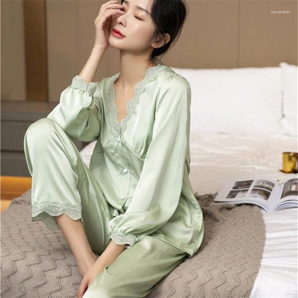 Home Clothing Spring Lace Patchwork Frauen 2pcs Pyjamas Anzug Nachtwäsche Satin Schlaf Set sexy V-Ausschnitt Pyjamas Nachtwäsche