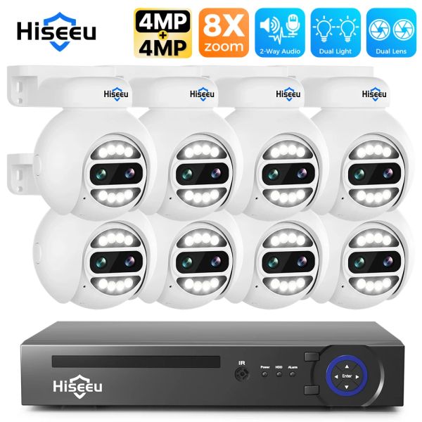 Система Hiseeu 8ch Poe Supiillance Camera Camera System Kit 4MP+4MP Dual Lins CCTV IP CAM NVR Security Set Outdoor Night Vision Video Audio