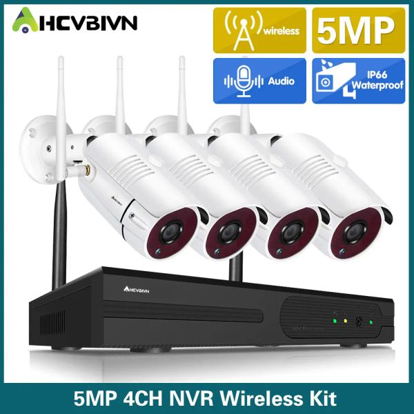 Sistema AHCVBIVN 4CH Sistema de CCTV sem fio H.265 5MP NVR Câmera de vídeo de vídeo ao ar livre NVR