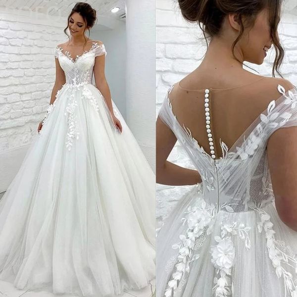 Elegante Elfenbein Tüll eine Linie Brautkleider Kurzärmele Spitze Applikationen Illusion Off Schulter Prinzessin Brautkleider Rücken Knöpfe Korsett lange sexy Braut Kleid 2024