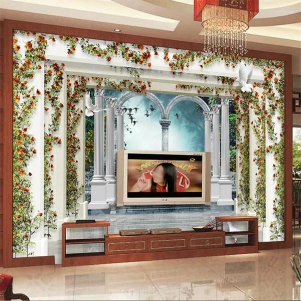 Sfondi Wellyu Custom PO Wallpaper 3D Murales stereo in stile europeo colonna romano giardino rose tv sfondo papel de parede