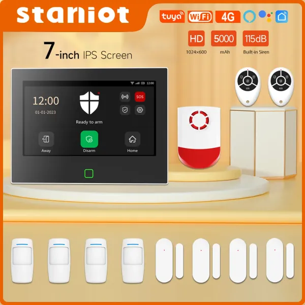 Kits Staniot 7 Zoll Home Alarm System Wireless WiFi 4G Tuya Smart Security Protection Kit BAUN 115 DB LUTER SIREN 5000MAH Batterie