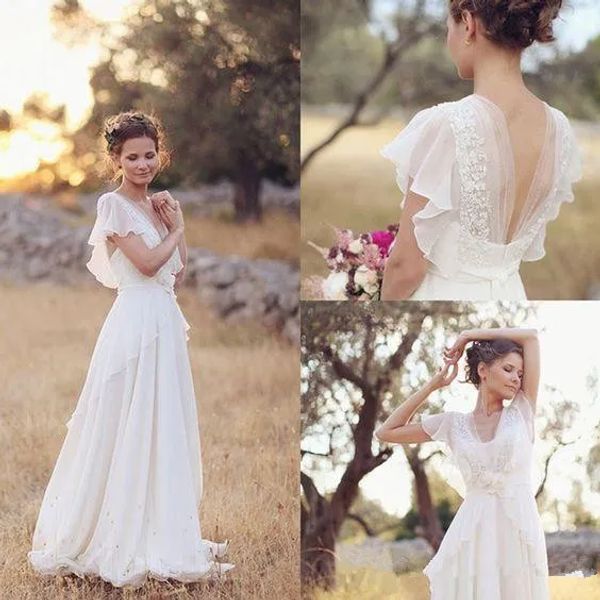 Kleider 2019 Bohemian Hippie -Stil Aline Brautkleider Strand Brautkleider Weißer Spitze Chiffon Rückenless Boho Hochzeit Brautkleider