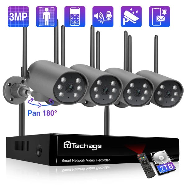 Sistem Techage Kablosuz Güvenlik Kamera Sistemi 8CH 3MP WiFi IP Kamera CCTV Video Gözetim Kamera Kiti Twoway Ses İnsan Algılama