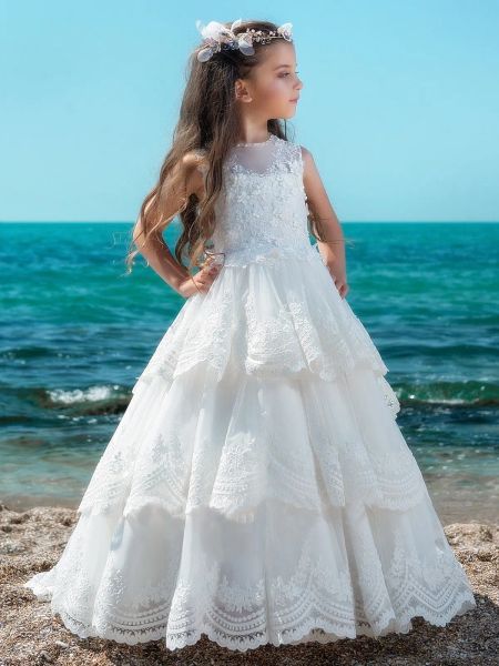 Vestiti angelo principessa da fiori bianchi abiti con applique in pizzo champagne Applique arabo abiti da concorso per bambini abiti da festa formale chea Chea