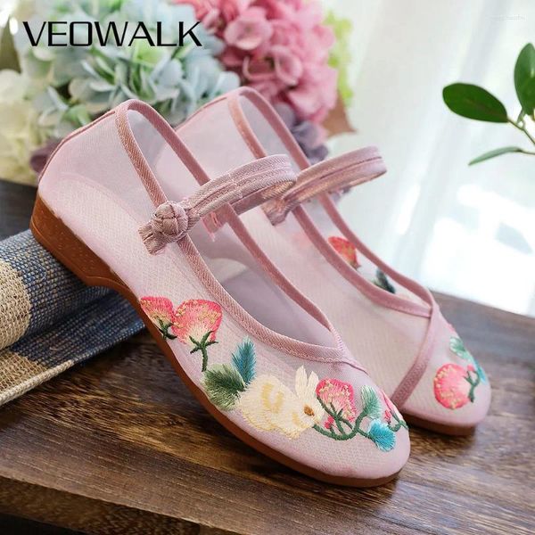 Lässige Schuhe veowalk durchsichtige Sommer Frauen Gaze Stoff Ballett Flats Blume bestickt flach mit Schnallen alte Peking-Ballerinas