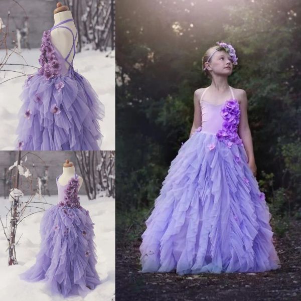 Платья Lavenda Flower Girls Frings vneck Back Cross Criss Little Girls Gowns с цветами ручной работы.