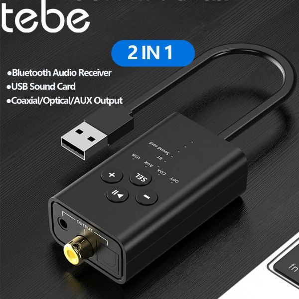 Adaptador Tebe coaxial óptico Bluetooth 5.2 Receptor de áudio 3,5 mm AUX ADAPTOR DE MÚSICA SOLEO AUX SOM DE CARTA USB para PC TV amplificador