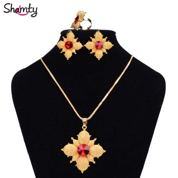 Werkzeuge Shamty äthiopische rote Steinschmuck Sets afrikanische Frauen reine Goldfarbe Clover Schmucksets Hochzeit Habesha Style A30041