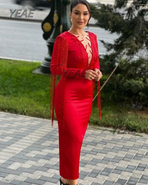 Partykleider Santorini Sheer Tüll tauchen V Hals Prom Perlen Quasten Langarmes Abend Knöchel Länge Meerjungfrau Cocktailkleid