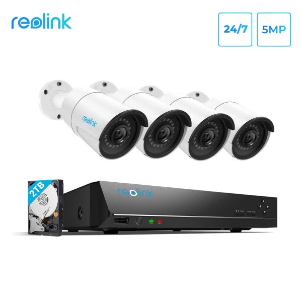 Sistema Reolink Smart Security Camera System Poe 5MP 24/7 Gravando Builtin 2TB HDD apresentado com detecção humana/carro RLK8410B45MP