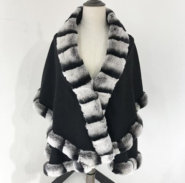 Lady Women Cashmere Shawl com Rex Rabbit Fur Chinchilla Aparando o inverno Autumn6219963