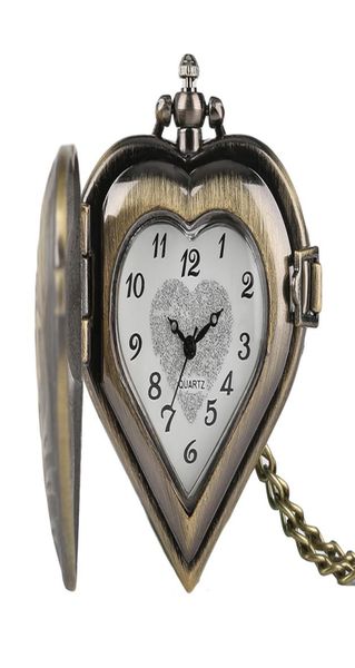 Relógios de bolso de bronze em forma de coração retro com corrente de colar cool quartzo fob watch for women ladies meninas presente4387180