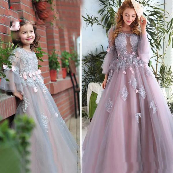 Kleider elegante Langarm Blumenmädchen Kleider für Hochzeiten Pailletten Ballkleid Perlen Spitzenapplikationen billige Mädchen Kommunion Kleid