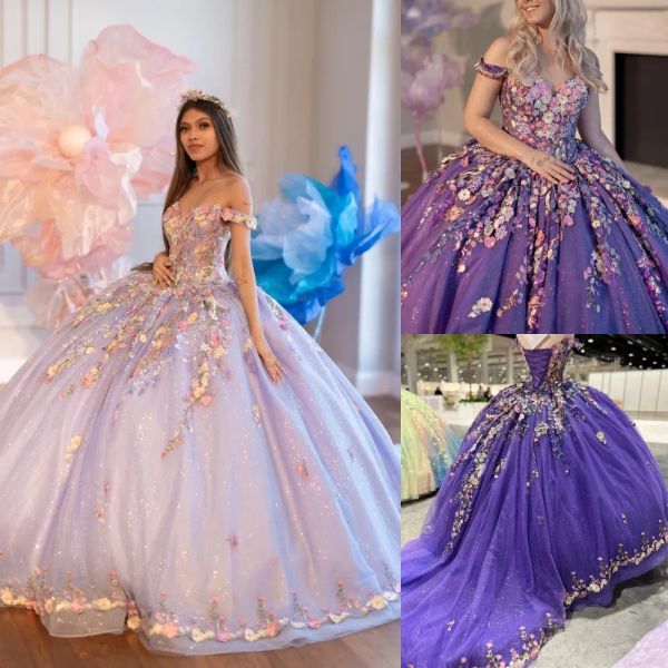 Kleider 3d Floral Quinceanera Kleid Funkeln Glitzer Tüll Tüll Spitzen Applique Ball Mexikanische Quinne süß 15/16 Geburtstagsfeierkleid für den 15. Gir