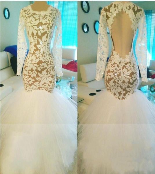 Sexy Prom Kleider Meerjungfrau Afrikanische Prinzessin Langarme formelle Abendkleider mit Tüll Spitze weiße Abendkleid5980799