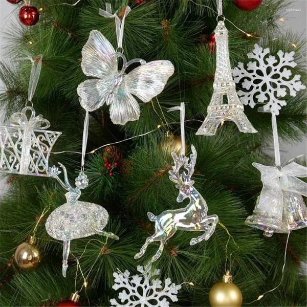 Estatuetas decorativas decoração de natal decoração acrílica elk angel boneca sino pendurado ornamentos