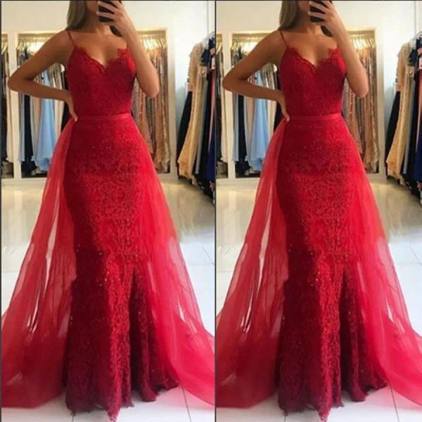 Kleider Spaghetti Strips Meerjungfrau Spitzen -Abschlussballkleider mit Tulle Train Long Women Evening Party Kleider Rote besondere Anlässe Partykleider Formal