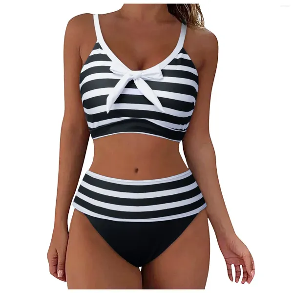 Swimwear femminile 2024 Striscia di colore bikini ad alta vita europea e sexy ragazze divise